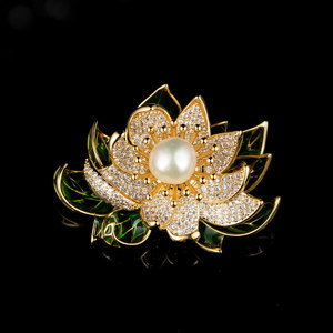 Chinese Style Lotus Brooch Enamel Freshwater Pearl Women's Wedding Fine Brooch - Product Image 4
