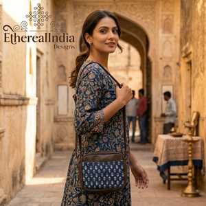 Handmade Indigo Buti Print Sling Bag Cotton Crossbody Bag Ethnic Boho <b>Small</b> Vegan Leather <b>Purse</b> - Product Image 5