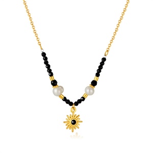Collar de Moda con Colgante de Flor de Sol y Piedras Naturales, Cadena de Acero Inoxidable con Cuentas de Gemas Negras - Product Image 2
