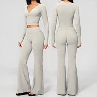 Ensemble 2 pièces respirant grande taille ultra doux : Legging évasé taille haute et haut court à manches longues avec soutien-gorge intégré – Tenue de Pilates