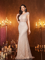 Robe de soirée formelle pour femme, col bateau, avec superposition en maille ornée de fausses perles et de paillettes, manches courtes, ourlet sirène, couleur unie, collection Printemps