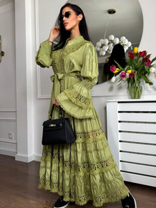 Y0511 Abito Lungo Stile Retrò Francese per Donne, Moda Estiva Casual con Allacciatura in Vita, Design Ricamato, Maniche a Campana, Tinta Unita - Product Image 3