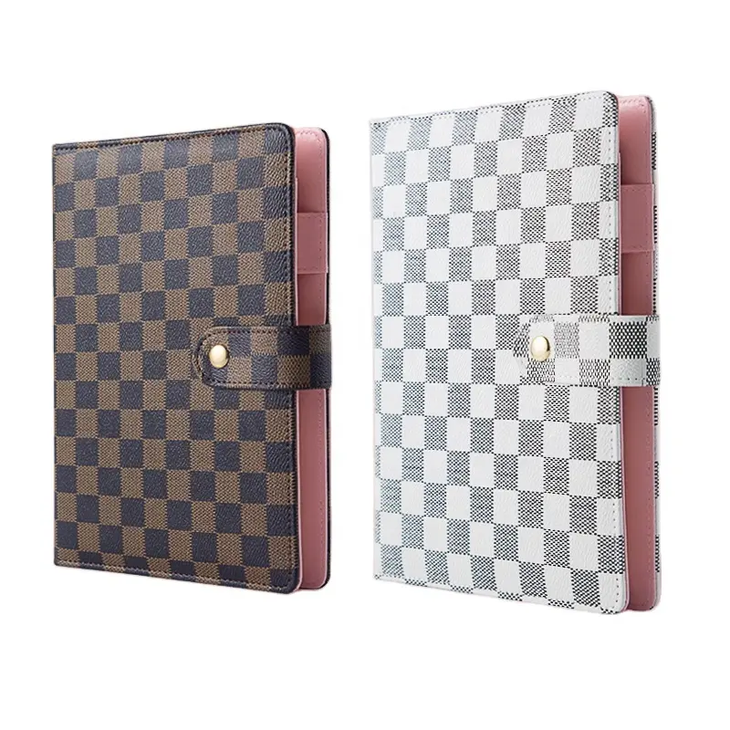 Trung Quốc Sang Trọng Loose Leaf White Checkboard Planner Bìa A5 A6 Refillable PU Leather Brown 6 Vòng Binder Rô Máy Tính Xách Tay Trường Hợp