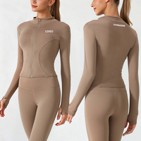 Veste de yoga zippée à col montant pour femme avec logo personnalisé, coupe ajustée, trou pour le pouce, ultra douce, anti-transpiration, respirante, idéale pour la gym et le Pilates