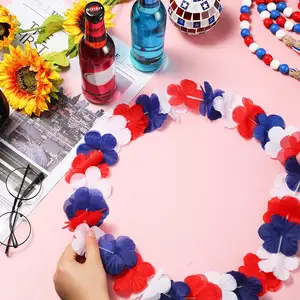 Patriotic American Red White and Blue Flower Lei Hawaiian Luau Flower Necklace 4th of July Independence Day Memorial Day Party F