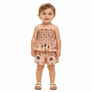 Set Estivo Boho per Bambini con Stampa <span class=keywords><strong>Palma</strong></span> e Tropicale, Top Smock in Cotone e Lino con Spalline Sottili e Peplum + Pantaloncini, Colore Beige Neutro - Product Image 2