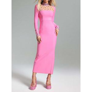 Vestidos de Mujer al por Mayor, Personalizados, OEM, de Alta Calidad, Color Sólido, Manga Larga, Malla Abierta con Diamantes, Cuello Redondo, Ajustados a la Cadera - Product Image 3