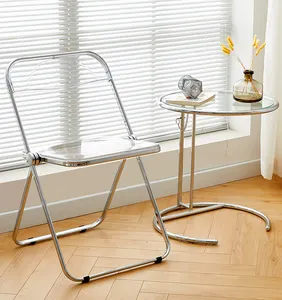 Soulu简易组装圆桌家具透明小茶几不锈钢玻璃现代咖啡圆桌