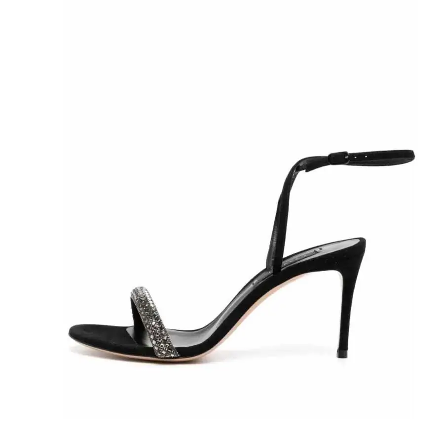 Black rhinestone semi-precious stone sandals wedding shoes genuine leather strap stiletto high heels women's strappy fashion