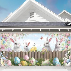 Decoración de Pascua para Puerta de Garaje, Cubierta para Puerta de Garaje con Diseño de Conejo de Pascua, Huevo y Flores de Primavera, Decoración de Pared para Interiores y Exteriores - Product Image 1