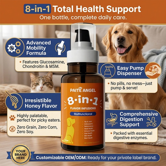 Wholesale OEM/ODM 8 in 1 Liquid Multivitamin for Dogs Pet Hip and Joint Supplement Drops with Glucosamine CoQ10