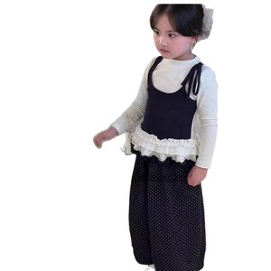 Girls Sweet Cool Style Set Autumn Lace Faux Two Piece Top Polka Dot Wide Leg Pants Cotton Children Outfits - Product Image 5