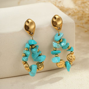 Boucles d'oreilles pendantes en acier inoxydable 316L plaqué or 14k 18k avec pierre turquoise pour femmes - Vente en gros de bijoux de mode - Product Image 3