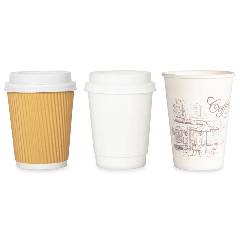 Venta al por mayor 100% sin plástico 8Oz 12Oz 16Oz pared ondulada desechable logotipo personalizado taza de papel de café caliente