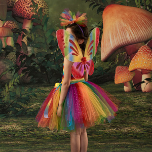Crianças Dança Performance Stage Costume Natal Meninas Festa Carnaval Vestuário Com Asas Rainbow Tutu Vestido para Crianças - Product Image 4