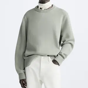 Sweater rajut lengan panjang pria, Sweater rajut lengan panjang warna Solid pullover leher crew OEM & ODM