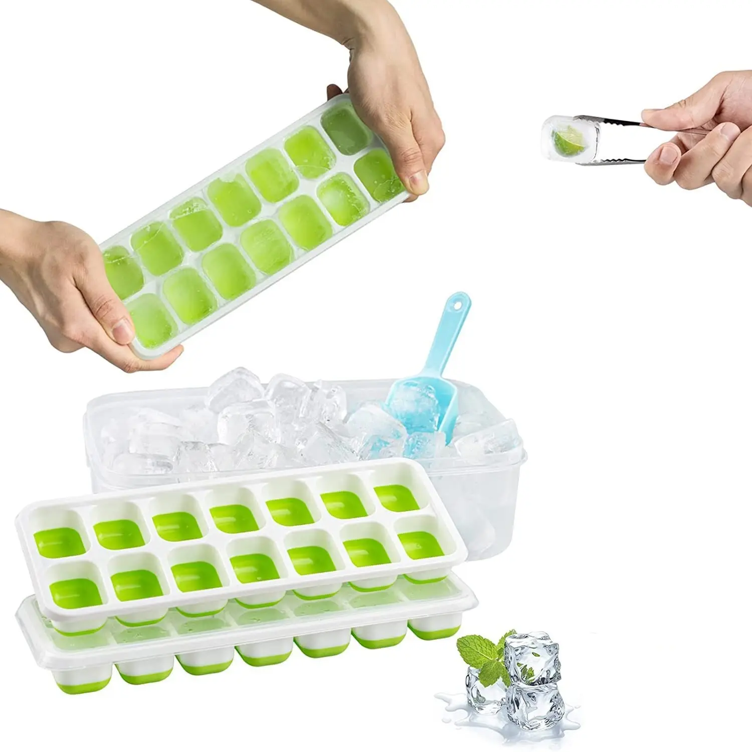 Vassoio per cubetti di ghiaccio da frigorifero in plastica siliconica vassoio impilabile per cubetti di ghiaccio con coperchio e cestino