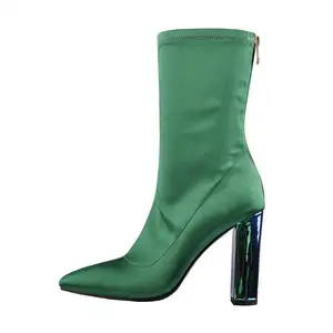 New Fashion Leather Party Pumps Sexy Breathable Pointed Toe Chunky Heels Green Ankle Boots
