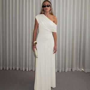 Elegante señoras un hombro Color sólido vestido irregular moda mujer ropa chica Casual largo Maxi vestidos - Product Image 1