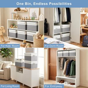 <b>Large</b> 22 Quart Linen Fabric Foldable Stackable Minimalist Storage <b>Bin</b> Flip-Top Lid Handles 4 Pack Gray White - Product Image 4