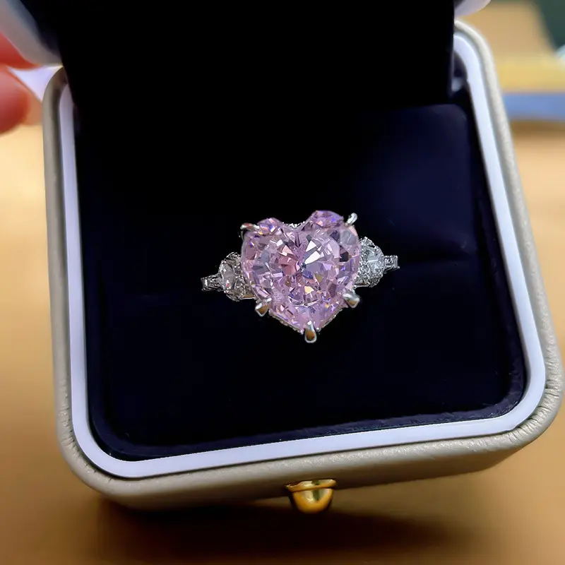 Nette Mode Pure Sterling Silber Herzförmige glänzende rosa Zirkon Diamant Verlobung Fingerringe für Frauen Schmuck
