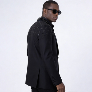 Custom Bespoke Double Breasted Slim Plus Size Rhinestones Details Men's <strong>Suit</strong> With Anti-Wrinkle Fabric Black Blazer - Product Image 2