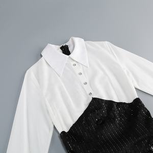 सर्दियों की महिलाओं की लंबी आस्तीन दो टुकड़े सेट महिलाओं को काले सफेद हीरे की मिनी ड्रेस + सीक्वेंस ब्लेज़र कोट सूट पार्टी शाम सेट - Product Image 4