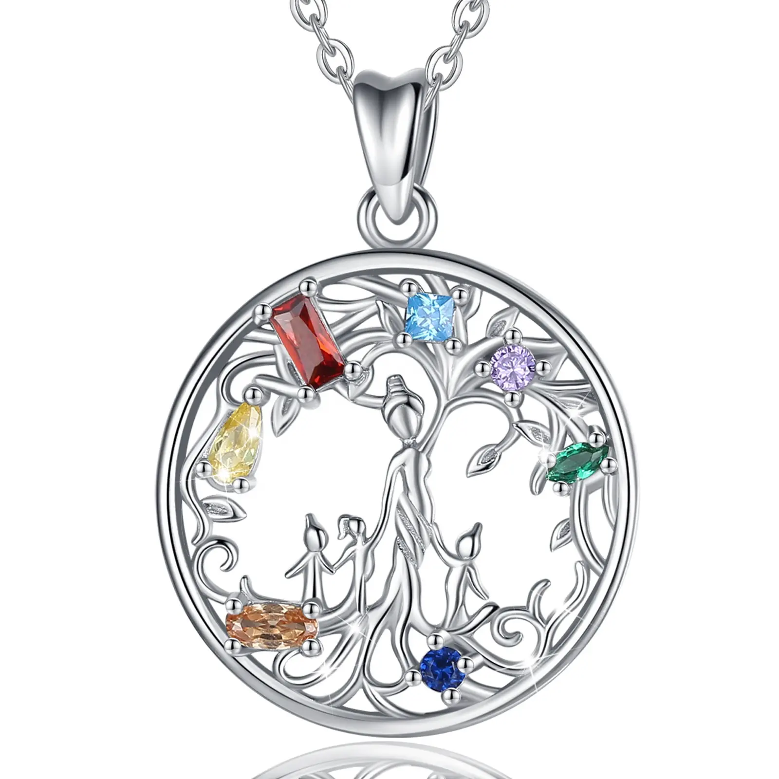 Merryshine 925 Sterling Silver 7 Colors Zircon Chakra Tree of Life Jewelry Necklace