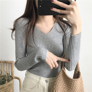 Suéter con cuello en V para mujer, jerseys de manga larga ajustados, Tops de punto para Otoño e Invierno - Product Image 1