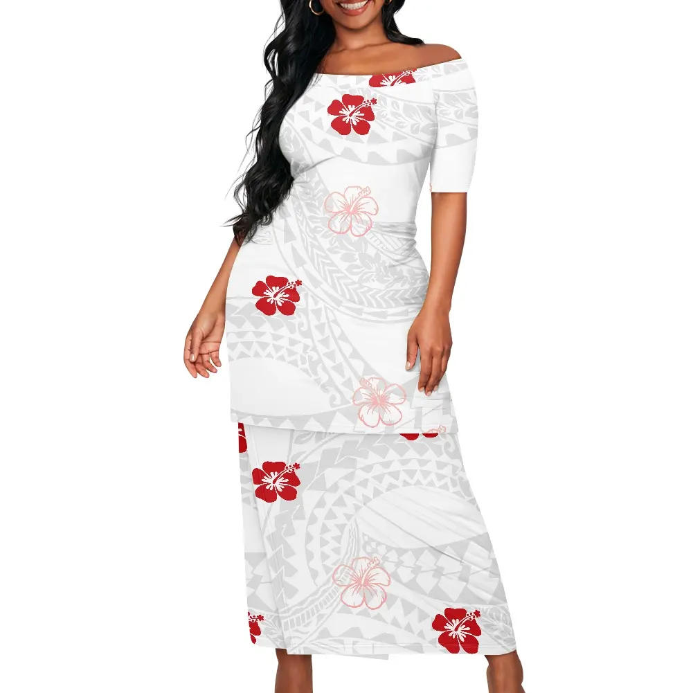 Pabrik grosir Custom elegan putih minggu Hawaii gaya tropis wanita gaun pesta setengah lengan Rok atas dua potong Set