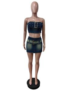 Zomer Hot Selling Strapless Tube Top + Stretchy Denim Mini Wrap Rok Mode 2 Pc Rok Sets - Product Image 3