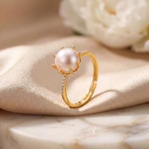 Gold Plated S925 <b>Silver</b> Pink Freshwater Pearl <b>Ring</b> CZ Accent <b>Adjustable</b> Jewelry for Women - Product Image 2