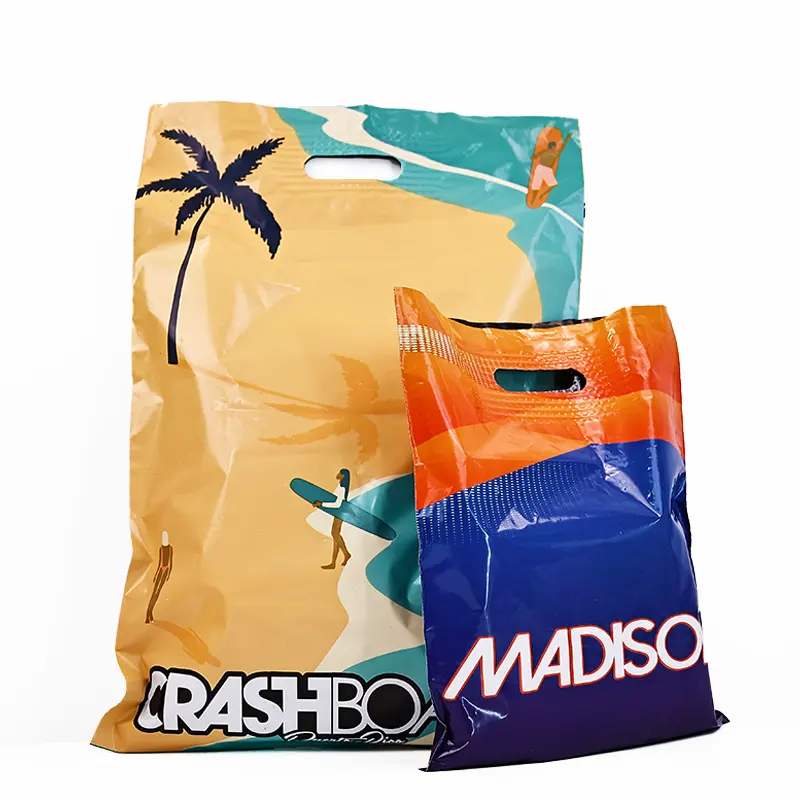Hot sell strong handles plastic packaging bag for clothes shopping bags with logos design print big size can customize