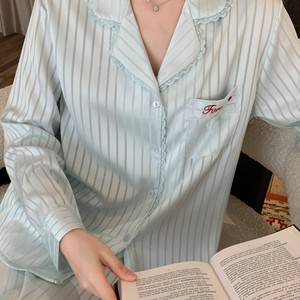 Conjunto de Pijama de Satén a Rayas Unisex PJS, Envío Inmediato, Bordado Forever, Cintura Elástica, Transpirable, Manga Larga, Cuello Camisero - Product Image 2