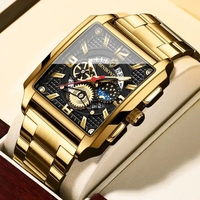 BINBOND Jam Tangan Kuarsa Pria Bisnis Mewah Jam Tangan Emas Persegi Olahraga Kulit Asli Jam Tangan Tanggal Tahan Air Jam Tangan Pria Relojes Hombre