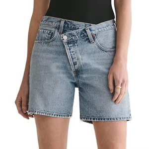 Shorts de mezclilla para <span class=keywords><strong>mujer</strong></span>, cintura cruzada, lavado claro, pierna recta, estilo japonés, casual - Product Image 1