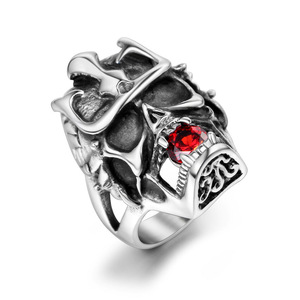 Crown Skull <b>Ring</b> Men's <b>Titanium</b> Steel Red Cubic Zirconia Prong Setting Jewelry SA504 - Product Image 1
