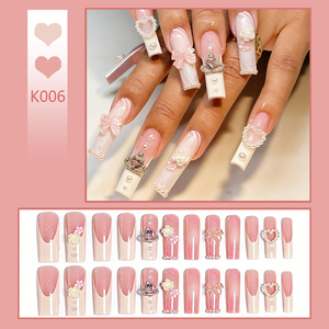 Lot de 24 <span class=keywords><strong>faux</strong></span> <span class=keywords><strong>ongles</strong></span> carrés roses français à presser, couvrance totale, avec décoration 3D nœud et <span class=keywords><strong>diamant</strong></span>, pour nail art, vente en gros - Product Image 2