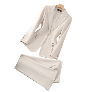 Khaki Women's Suit Set Solid Color Polyester Wool <b>Blend</b> No-Wrinkle Treatment Casual Wear - Product Image 5