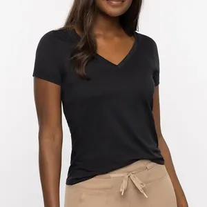 Camisetas con cuello en V bordadas ajustadas negras lisas personalizadas, camisetas de algodón suave para mujer de alta calidad