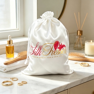 Sac en satin blanc de luxe en gros avec cordon de serrage, pochette cadeau en soie personnalisée avec logo imprimé à chaud pour le rangement des perruques et extensions capillaires - Product Image 1