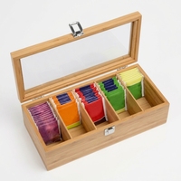 Boîte à thé rectangulaire en bois naturel à 5 compartiments gravée au laser, organisateur de sachets de thé en bois personnalisé avec couvercle en acrylique transparent
