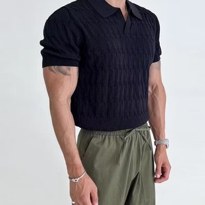 Polo en tricot pour homme, blanc, manches courtes, coupe ajustée, col rabattu, motif rayé, lavable en machine, tenue décontractée pour le travail - Product Image 2