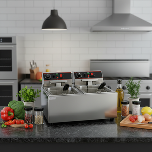 Friteuse professionnelle double cuve Ruihong Electric en acier inoxydable 304 avec minuterie, certifiée CE RoHS FCC, pour comptoir de restauration - Promotion - Product Image 1