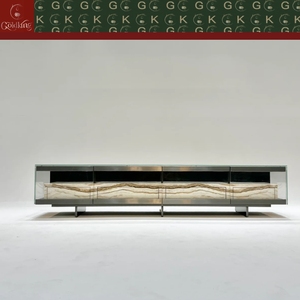 GOLDKING Mueble de TV Moderno de Lujo para Sala de Estar, Mármol Marrón Veteado, Frentes de Acrílico Negro, Acero Inoxidable Delgado, Personalizado Directo de Fábrica - Product Image 2