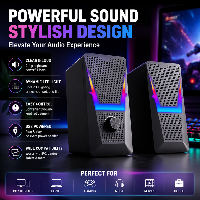 2.0 Channel RGB Gaming Speaker for PC,Wired Desktop Computer Soundbar with Rainbow LED Light