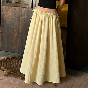 Jupe longue évasée unie respirante à taille naturelle avec cordon de serrage latéral, jupe décontractée d'été - Product Image 3