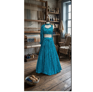 ชุดเลเฮนกา Midnight Shimmer สำหรับผู้หญิง ชุดงานแต่งงาน ชุดพื้นเมืองพร้อมผ้าคลุมไหล่ สไตล์ทันสมัย ไม่ยับ แห้งเร็ว - Product Image 2