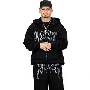 Men's Custom Zipper Hoodie Skeleton Rhinestones Long Sleeve Fleece <b>Windproof</b> Breathable Oversized Streetwear Winter - Product Image 1
