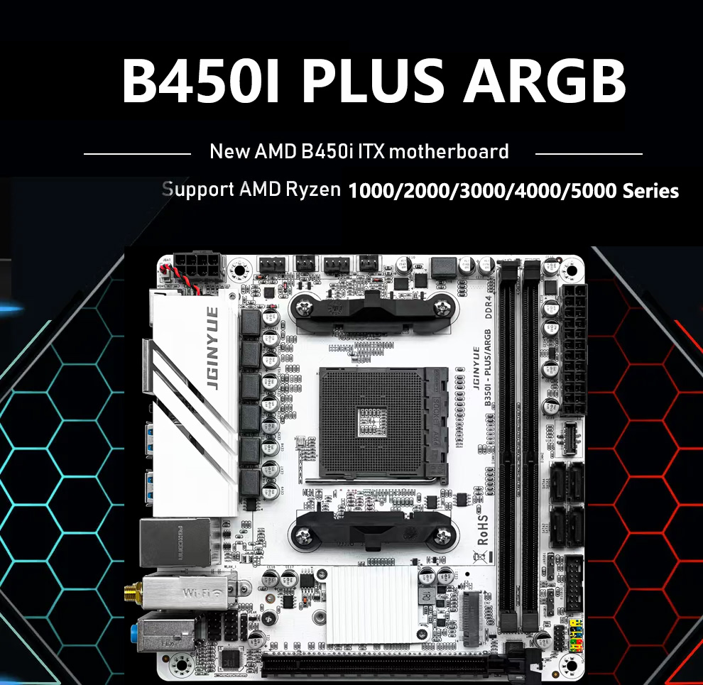 JGINYUE B450I PLUS ARGB Mini ITX Motherboard, Supports 2000-5000